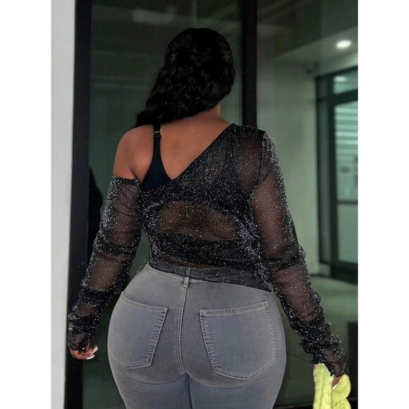 Women's Plus Size Sheer Mesh Glitter Top Long Sleeve Off Shoulder Tee - Picture 2 of 5